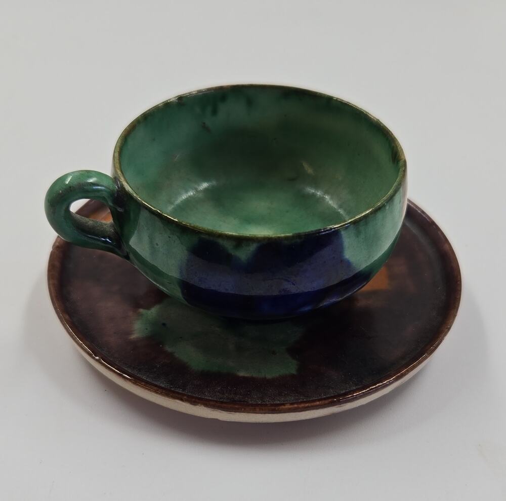 Oaxaca Mexico Ceramic Cup & Saucer Set Green Brown Blue Glossy Decorated